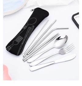 8 Pieces Travel Flatware Set, Portable Stainless Steel Utensils Set, Knife, Fork, Spoon, Chopsticks, and Straw with Zipper Case