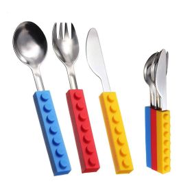 Kids'-3Pc Flatware with Stackable Toy Silicone Handle, Children's Stainless Steel Silverware Set