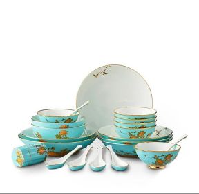 Auratic, 22-Piece Chinese Dinnerware Set for 6, Plates, Bowls, Spoons, Toothpick Holder, China Painted Ceramic Tableware Set(Lake Blue, Peony)