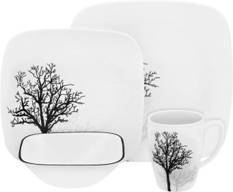 Square, 16-Piece, Black Tree Design, Glass Dinnerware Set (Serves 4)