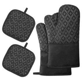 Kitchen Oven Mitts, Silicone and Cotton Double-Layer Heat Resistant Oven Mitts/BBQ Gloves (Color: Black 1)