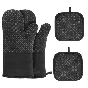 Kitchen Oven Mitts, Silicone and Cotton Double-Layer Heat Resistant Oven Mitts/BBQ Gloves (Color: Black 2)