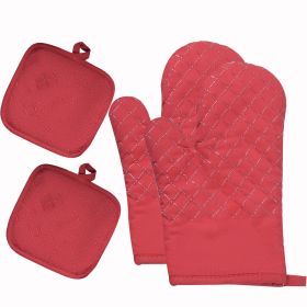 Kitchen Oven Mitts, Silicone and Cotton Double-Layer Heat Resistant Oven Mitts/BBQ Gloves (Color: Red)