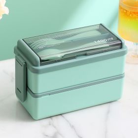 Portable Hermetic Grid Lunch Box With Fork Spoon, Leakproof, Microwavable (Color: Green 1400ml)