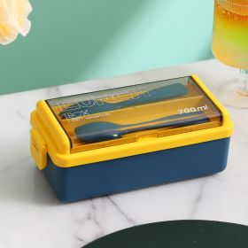 Portable Hermetic Grid Lunch Box With Fork Spoon, Leakproof, Microwavable (Color: Blue 700ml)