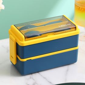 Portable Hermetic Grid Lunch Box With Fork Spoon, Leakproof, Microwavable (Color: Blue 1400ml)