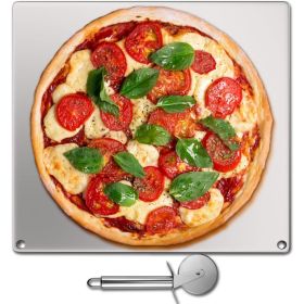 Stainless Steel Pizza Baking Pan with Stone Baking Surface (Color: Silver, size: 14" x 14" x 0.4")