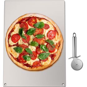 Stainless Steel Pizza Baking Pan with Stone Baking Surface (Color: Silver, size: 20" x 14.2" x 0.2")