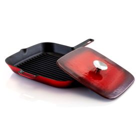 Elegant Household Kitchen-Square Enamel & Cast Iron Grill Pan (Color: Red, size: 11 In)