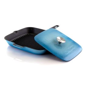 Elegant Household Kitchen-Square Enamel & Cast Iron Grill Pan (Color: Blue, size: 11 In)