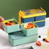 Portable Hermetic Grid Lunch Box With Fork Spoon, Leakproof, Microwavable